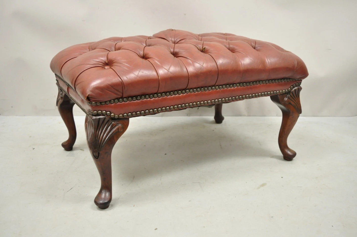 Vintage English Chesterfield Queen Anne Brown Leather Tufted Ottoman Footstool