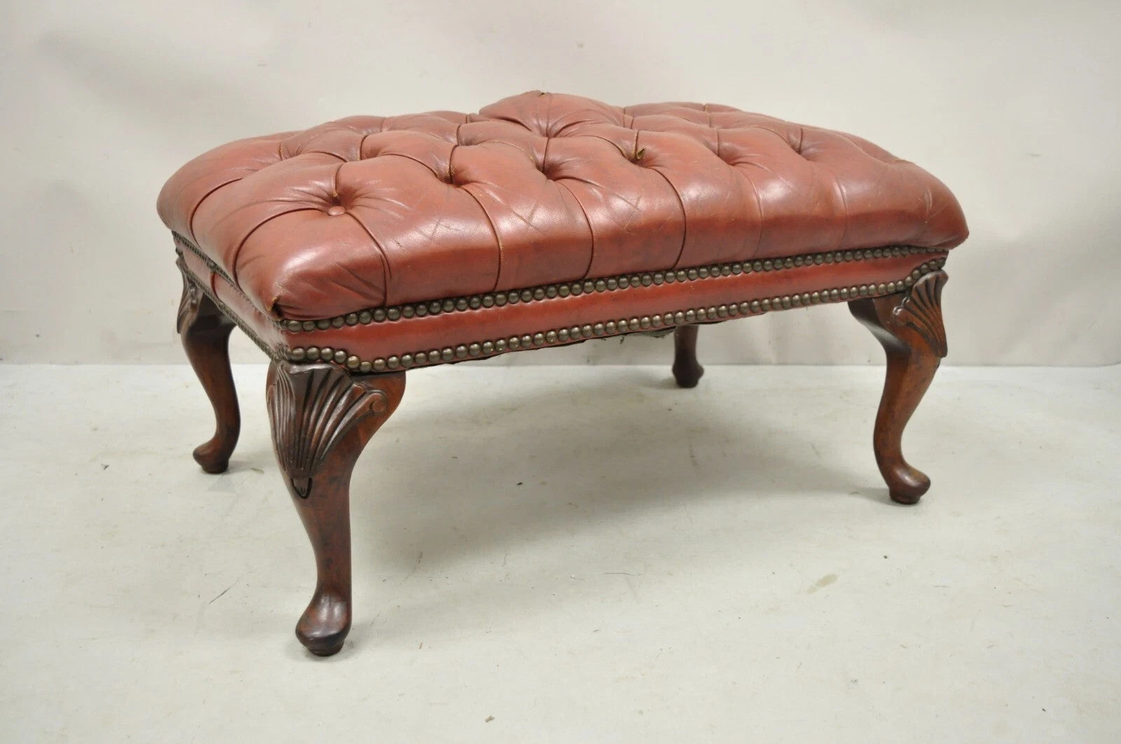 Vintage English Chesterfield Queen Anne Brown Leather Tufted Ottoman Footstool
