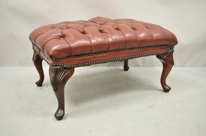 Vintage English Chesterfield Queen Anne Brown Leather Tufted Ottoman Footstool