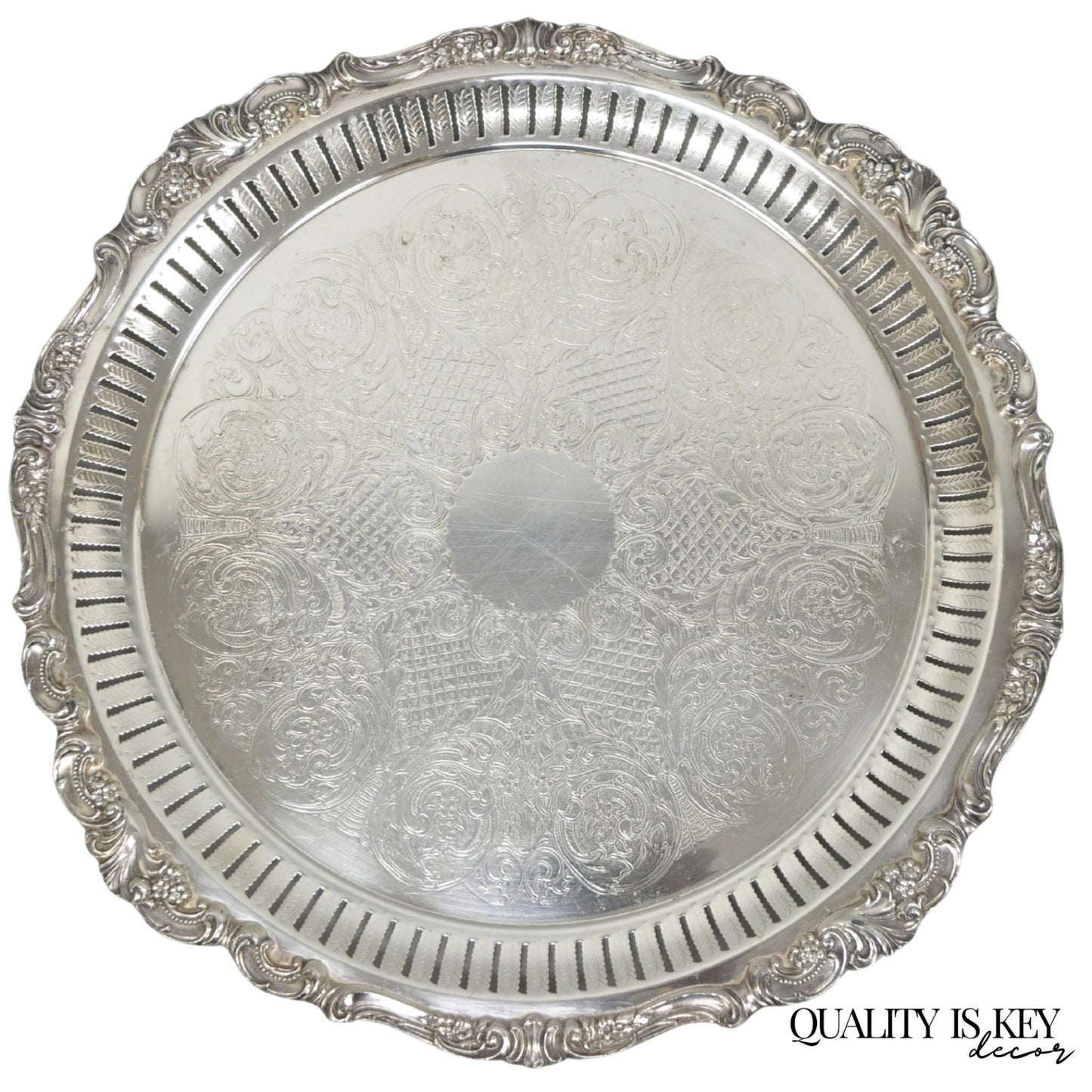 Vintage Baroque by Wallace Silver Plated Round Footed Serving Platter Bar Tray