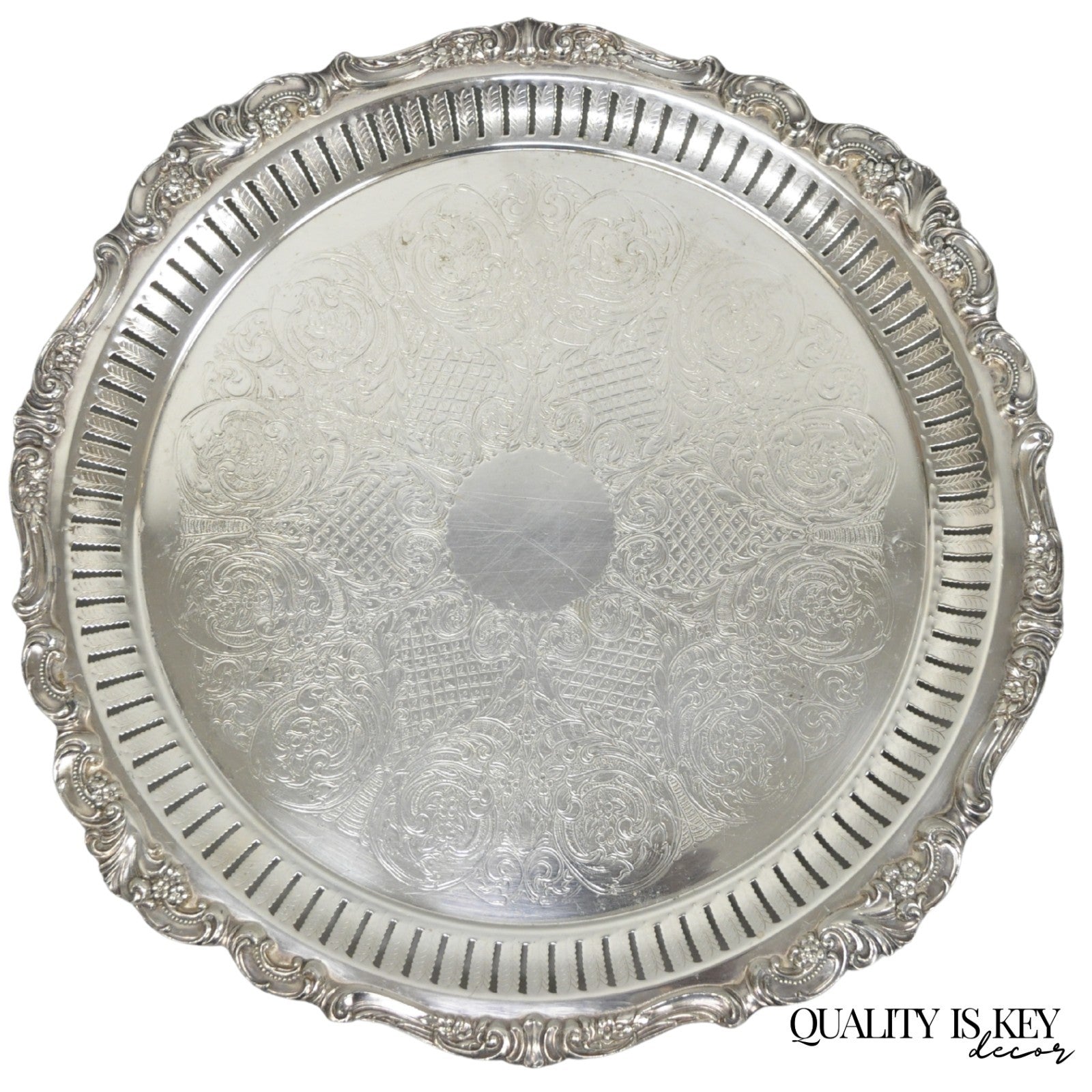 Vintage Baroque by Wallace Silver Plated Round Footed Serving Platter Bar Tray