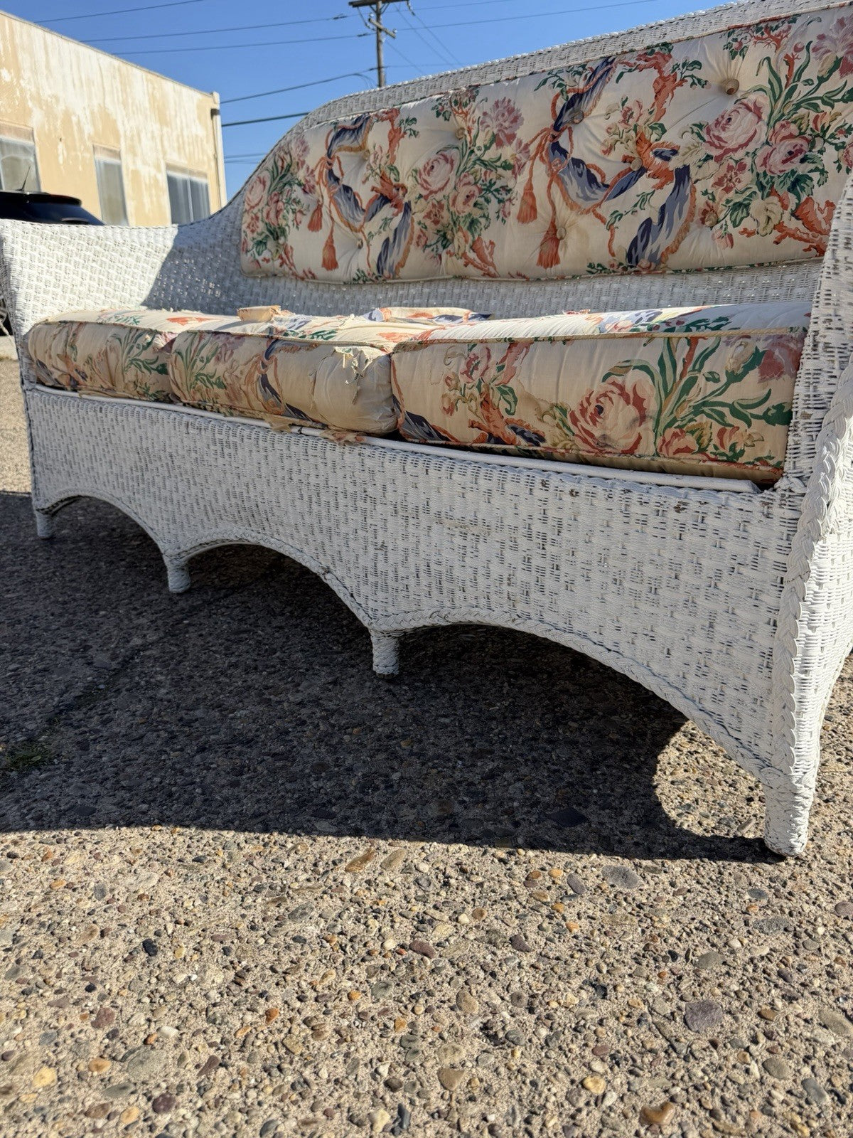 Antique Victorian White Wicker Rattan Sunroom Patio Sofa w/ Loose Cushions