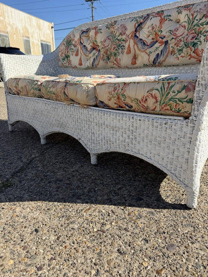 Antique Victorian White Wicker Rattan Sunroom Patio Sofa w/ Loose Cushions