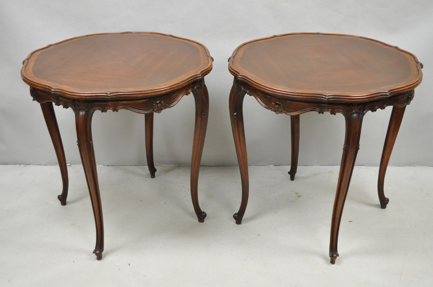 Antique French Louis XV Style Walnut Round Turtle Top Occasional Side Table Pair