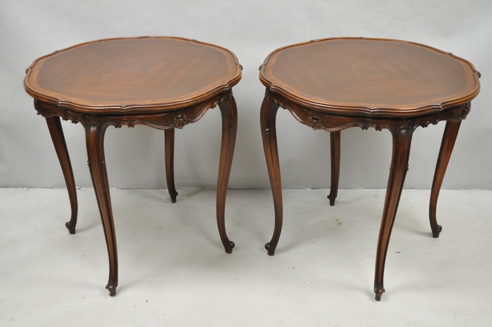 Antique French Louis XV Style Walnut Round Turtle Top Occasional Side Table Pair