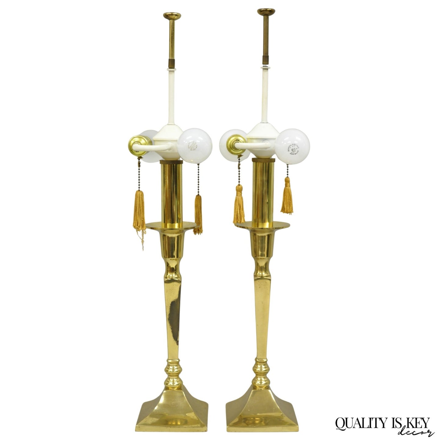 Hollywood Regency Tommi Parzinger Style Brass Candlestick Table Lamp Pair