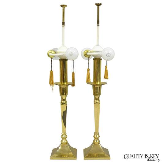 Hollywood Regency Tommi Parzinger Style Brass Candlestick Table Lamp Pair