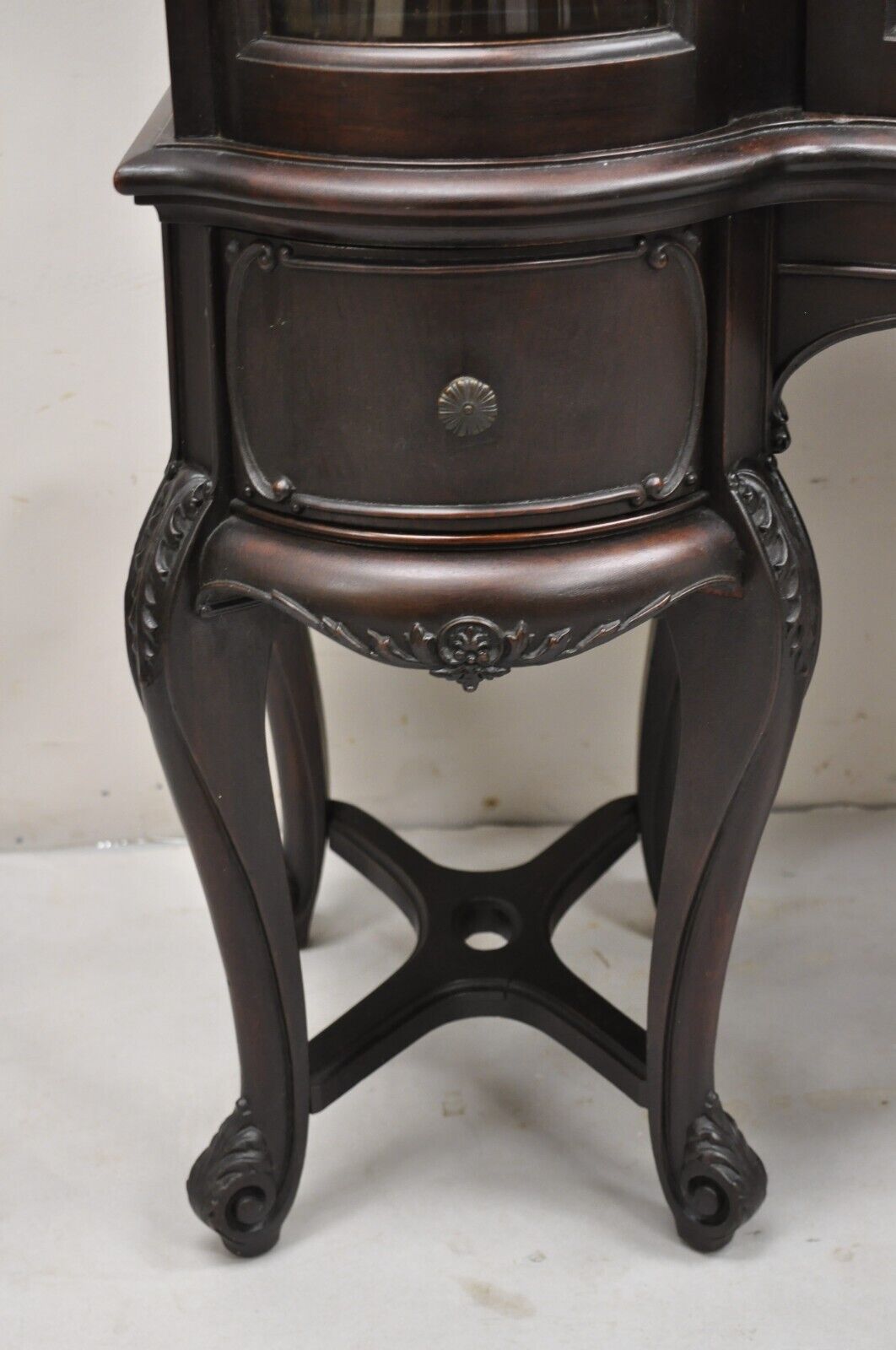 Antique French Renaissance Dark Walnut Triple Bowed Glass China Cabinet