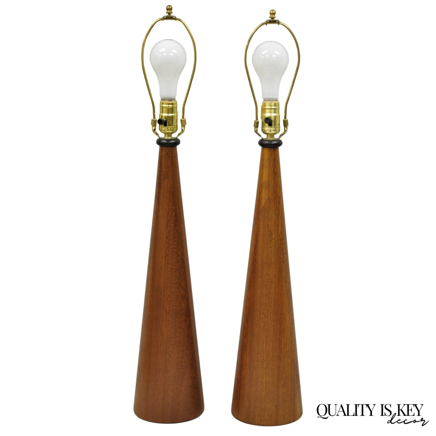 Vintage Mid Century Modern Staved Teak Wood Cone Shaped Table Lamps - a Pair