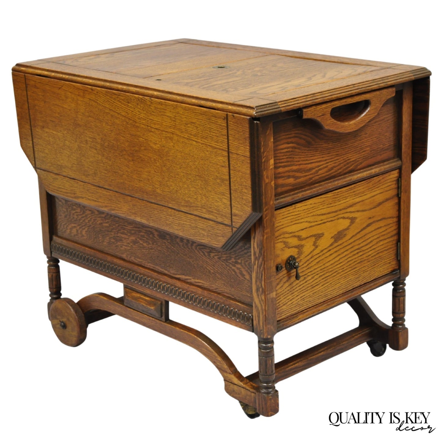 Antique Arts & Crafts Oak Wood Rolling Bar Cart Liquor Cabinet by Lammert's
