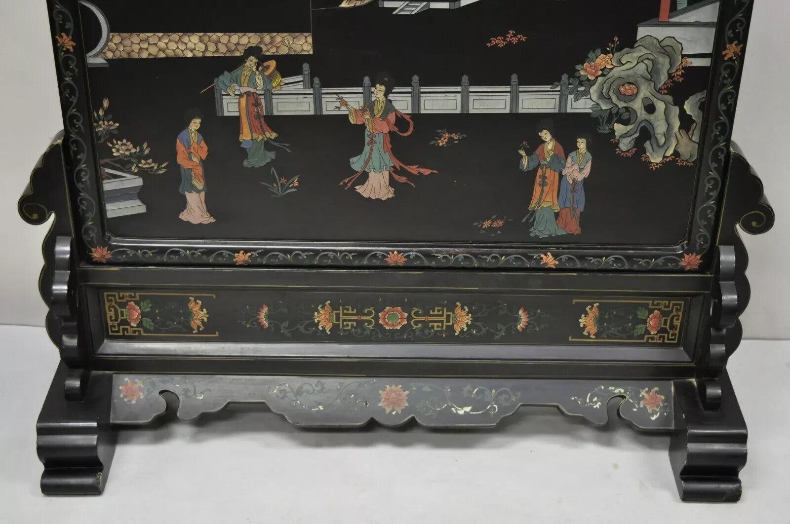 Vintage Chinese Black Lacquer Oriental Fireplace Screen Fire Screen Divider