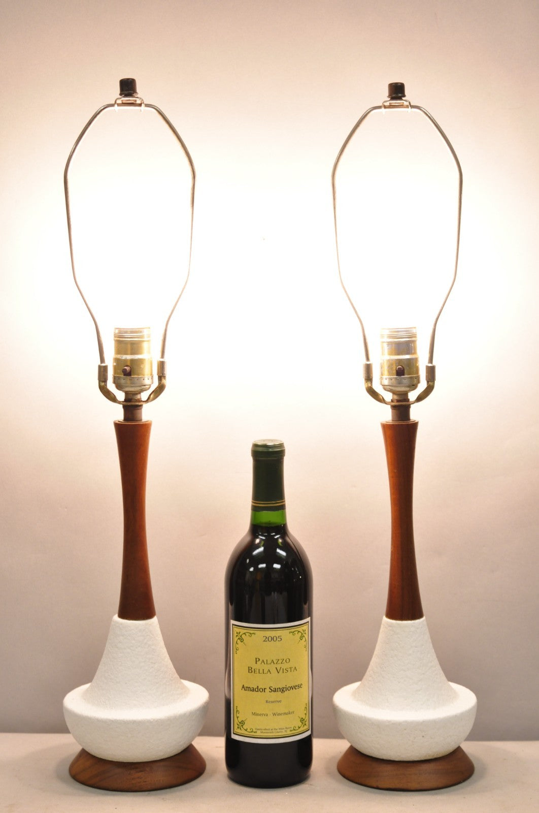 Vintage Mid Century Modern Petite Ceramic Pottery & Walnut Table Lamps - a Pair