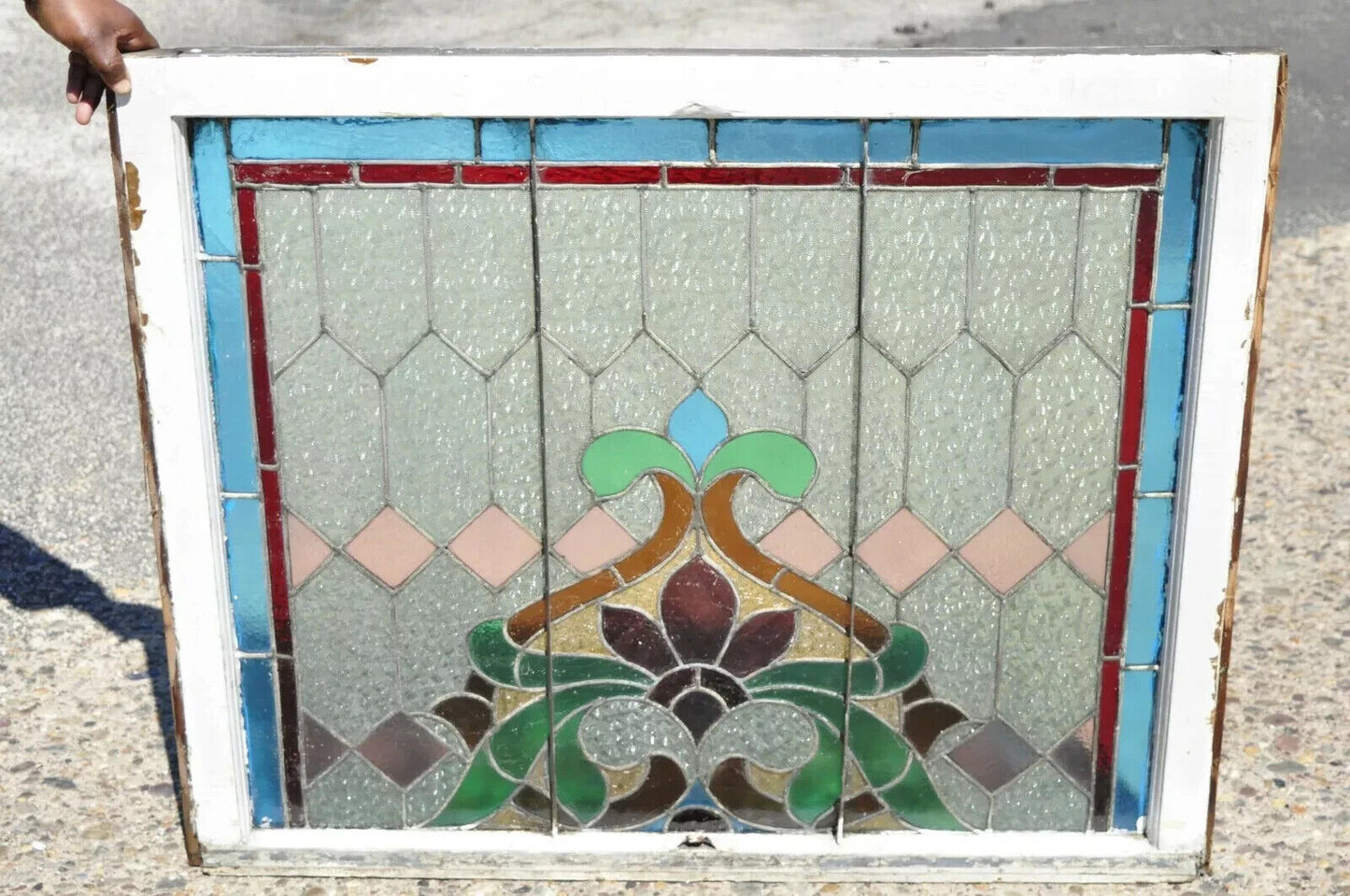 Antique Art Nouveau Stained Glass Blue Green Orange Fleur De Lis 34x40 Window