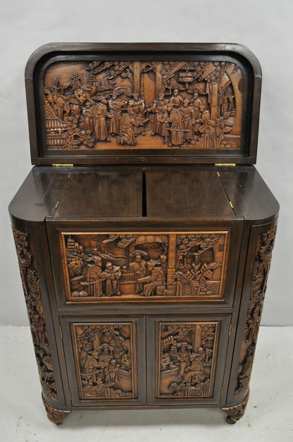Vintage J L George Zee Chinese Figural Carved Teak Wood Flip Top Dry Bar Cabinet