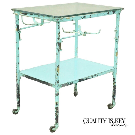 Antique Aqua Blue Distress Paint Metal Glass 2 Tier Medical Dental Cart Table