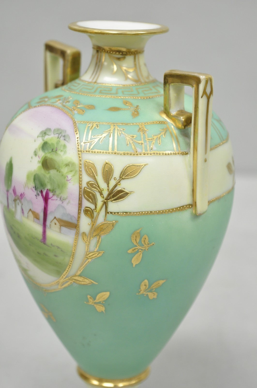 Antique Nippon Porcelain Hand Painted Windmill Scene Green Small Bolted Vase (B)