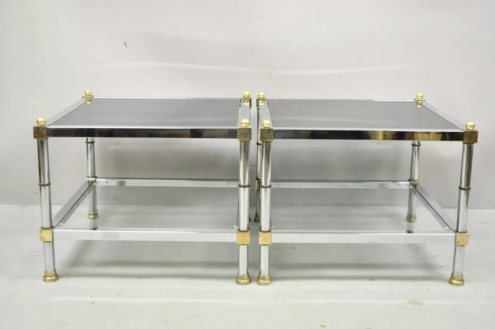 Hollywood Regency Maison Jansen Style Chrome & Brass Square End Tables - a Pair