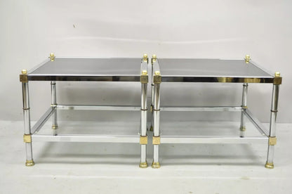 Hollywood Regency Maison Jansen Style Chrome & Brass Square End Tables - a Pair