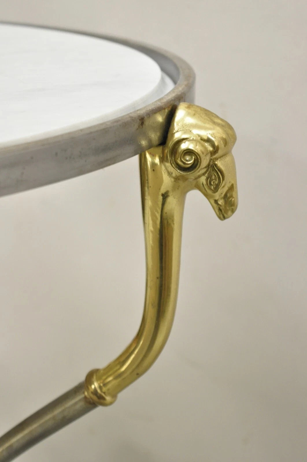 Italian Neoclassical Brass Rams Head Round Marble Steel Gueridon Side Table