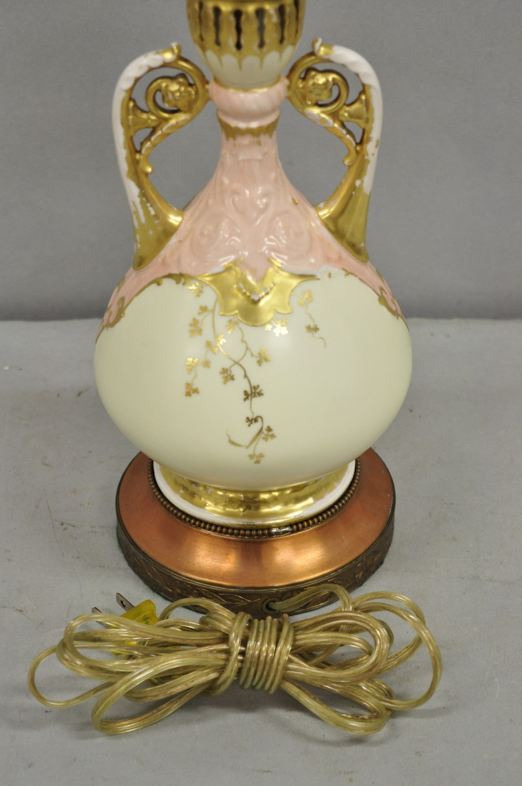 Antique Victorian Austrian Porcelain Pink Gold Gilt Small Boudoir Table Lamp