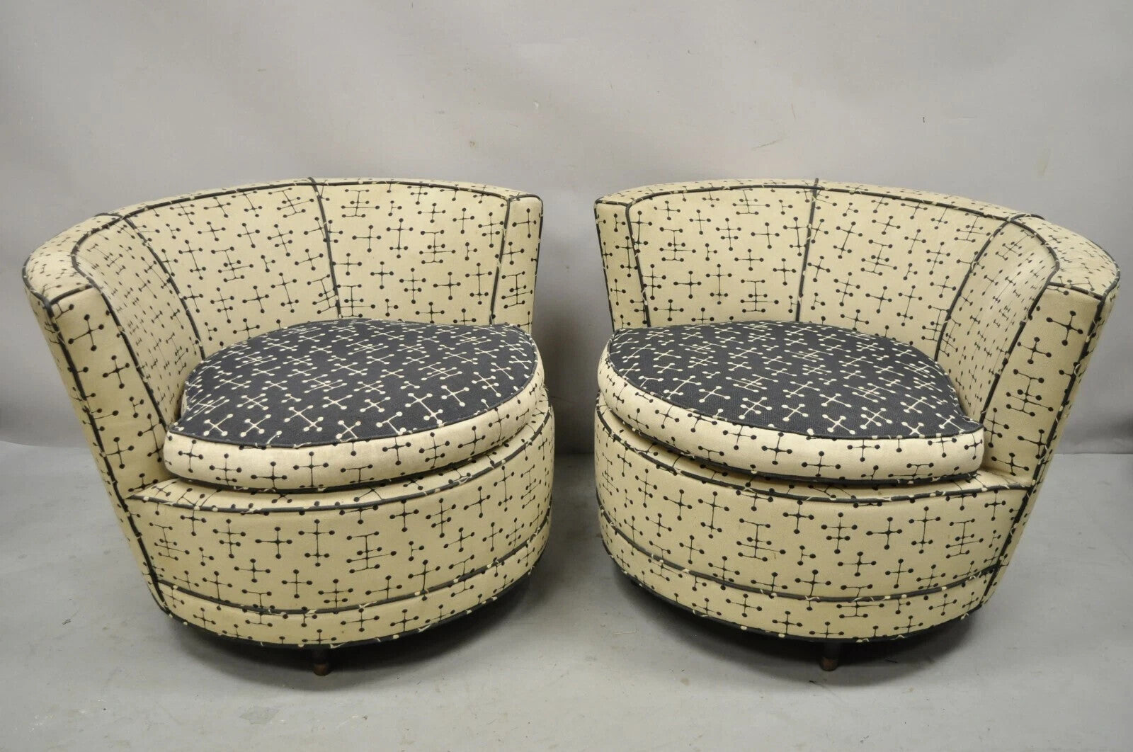 Vintage Mid Century Modern Round Upholstered Oversized Club Lounge Chairs - Pair