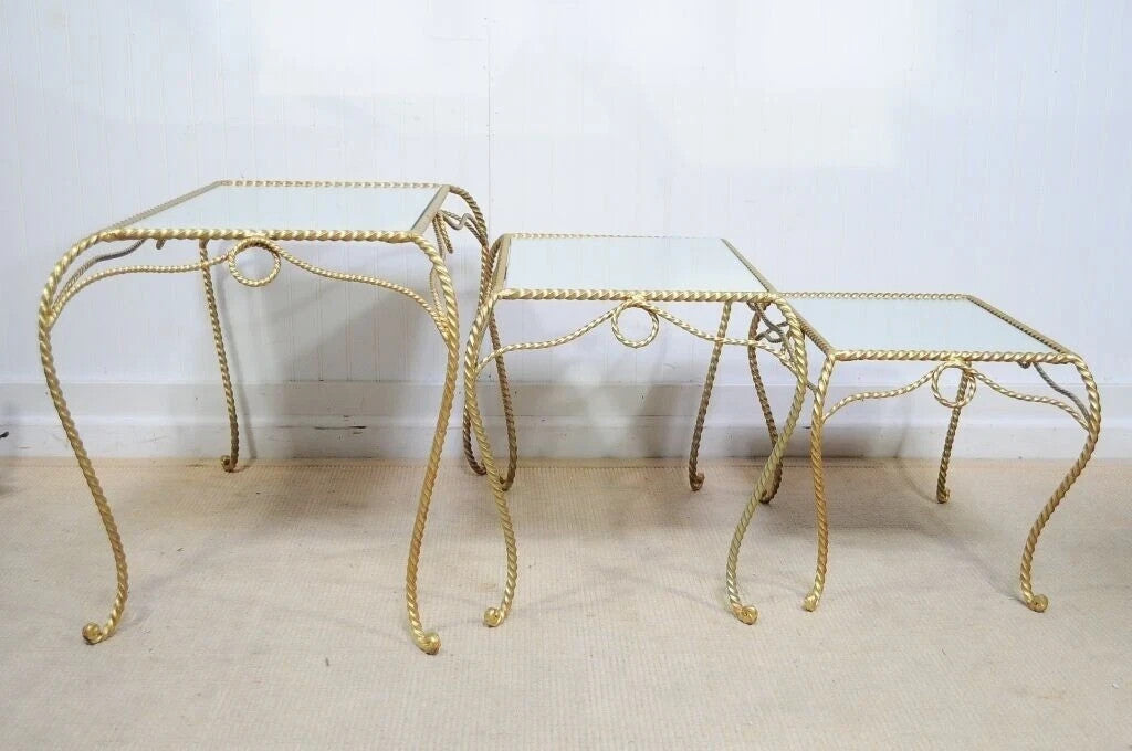 Vintage Italian Hollywood Regency Gold Rope Mirror Top 3 Pc Nesting Side Tables