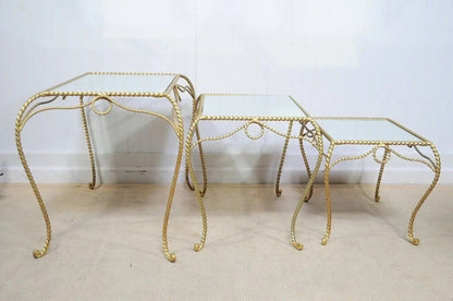 Vintage Italian Hollywood Regency Gold Rope Mirror Top 3 Pc Nesting Side Tables