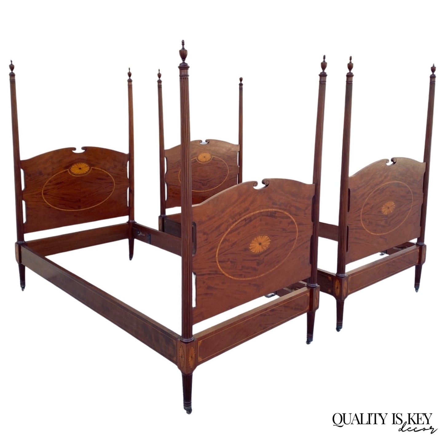 Antique Sheraton Federal Pinwheel Inlay Mahogany 4 Poster Twin Bed Frame - Pair