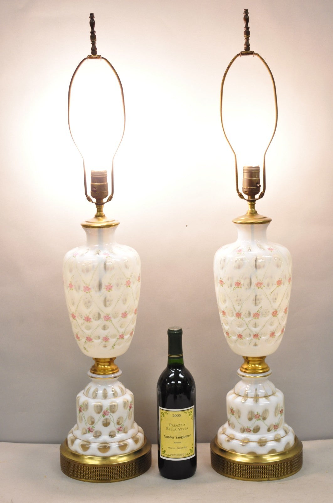 Antique Victorian White Czech Bohemian Rose Pink Painted Table Lamps - a Pair