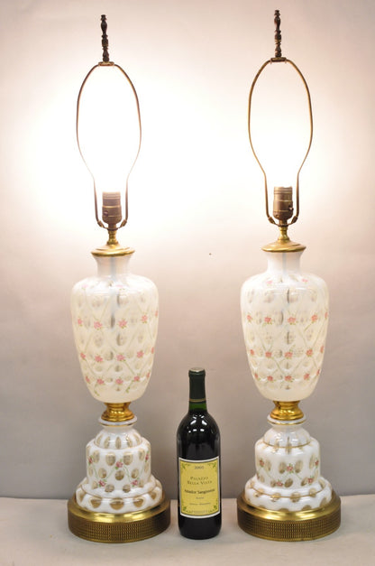 Antique Victorian White Czech Bohemian Rose Pink Painted Table Lamps - a Pair