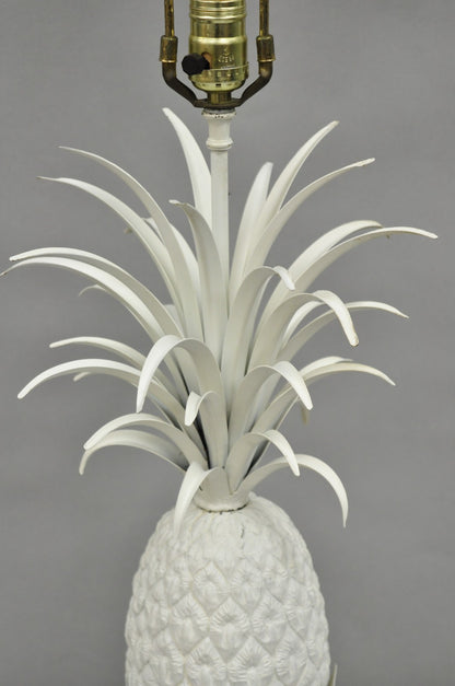 Vintage Italian Hollywood Regency White Tole Metal Figural Pineapple Table Lamp