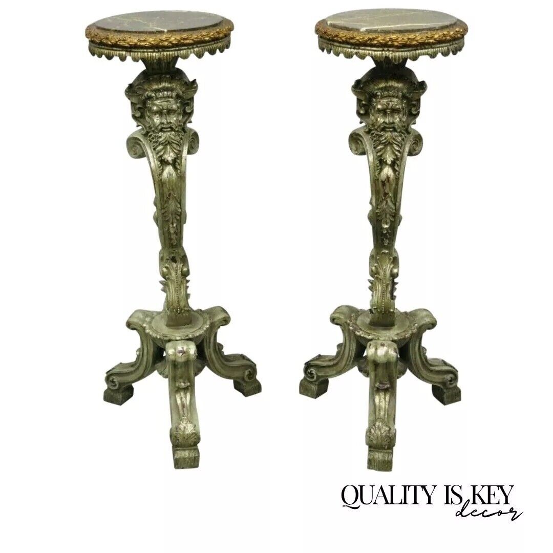 Italian Baroque Style Marble Top Figural Bearded Man Pedestal Stands - a Pair