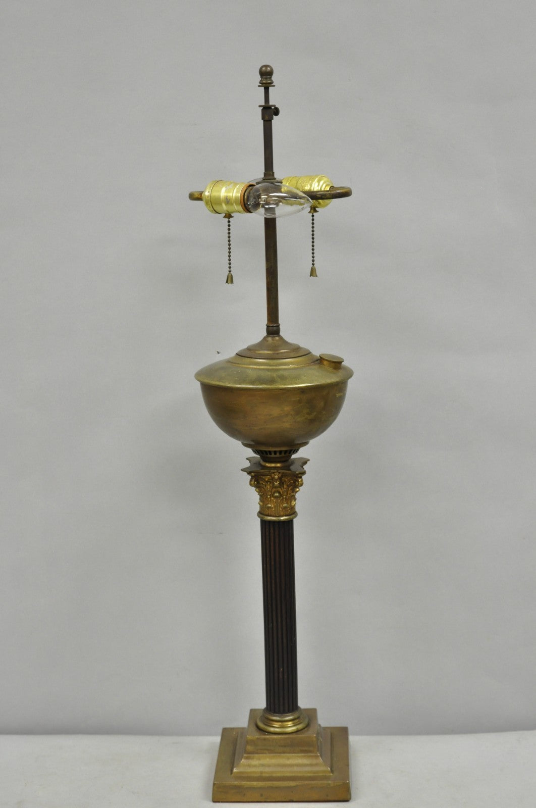 Antique French Empire Brass Converted Oil Lamp Mahogany Wood Column Table Lamp