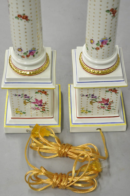 Vintage Victorian French Porcelain Column Table Lamps w Painted Flowers - a Pair
