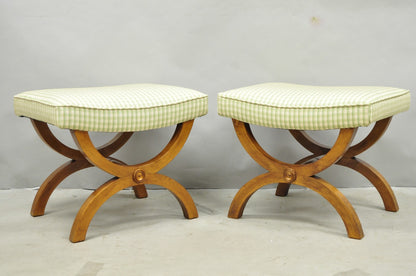 Vintage Italian Neoclassical Style Walnut Wood Curule X-Form Stool - a Pair
