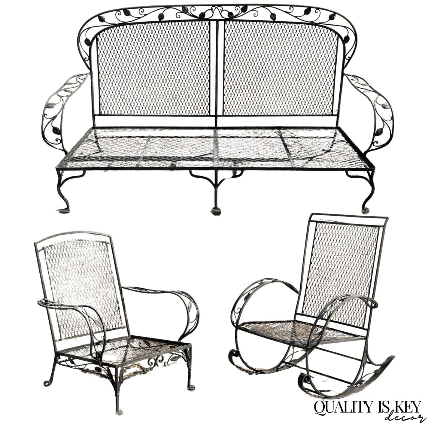 Vintage Salterini Art Nouveau Wrought Iron Garden Patio Sofa Chair Set - 3 Pcs