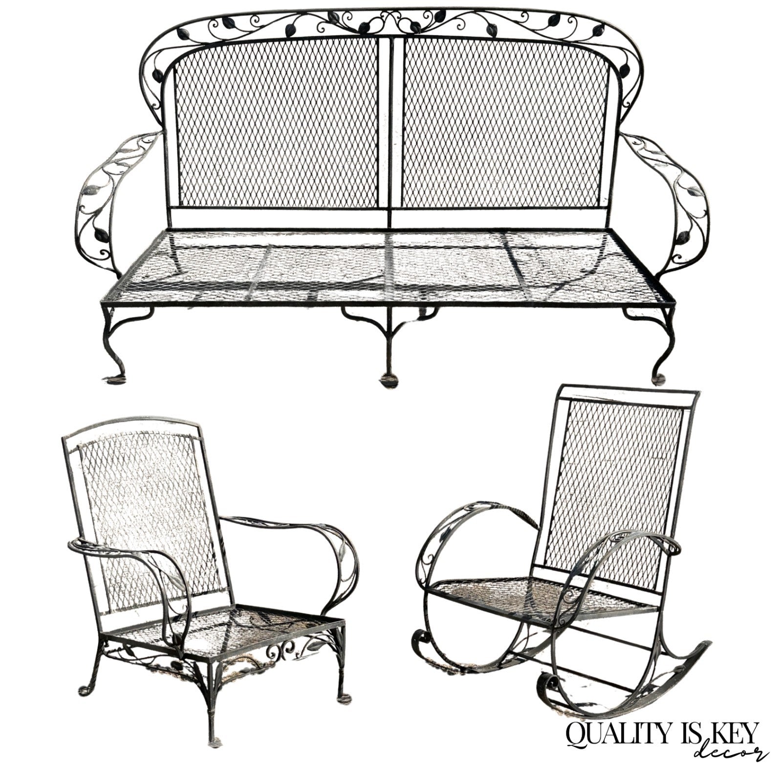 Vintage Salterini Art Nouveau Wrought Iron Garden Patio Sofa Chair Set - 3 Pcs