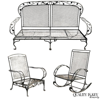 Vintage Salterini Art Nouveau Wrought Iron Garden Patio Sofa Chair Set - 3 Pcs