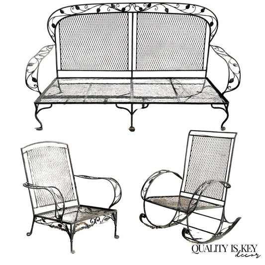 Vintage Salterini Art Nouveau Wrought Iron Garden Patio Sofa Chair Set - 3 Pcs