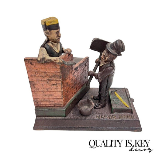 Vintage Cast Iron Mason and Hod Carrier Bank Coin Piggy Bank Taiwan Reproduction