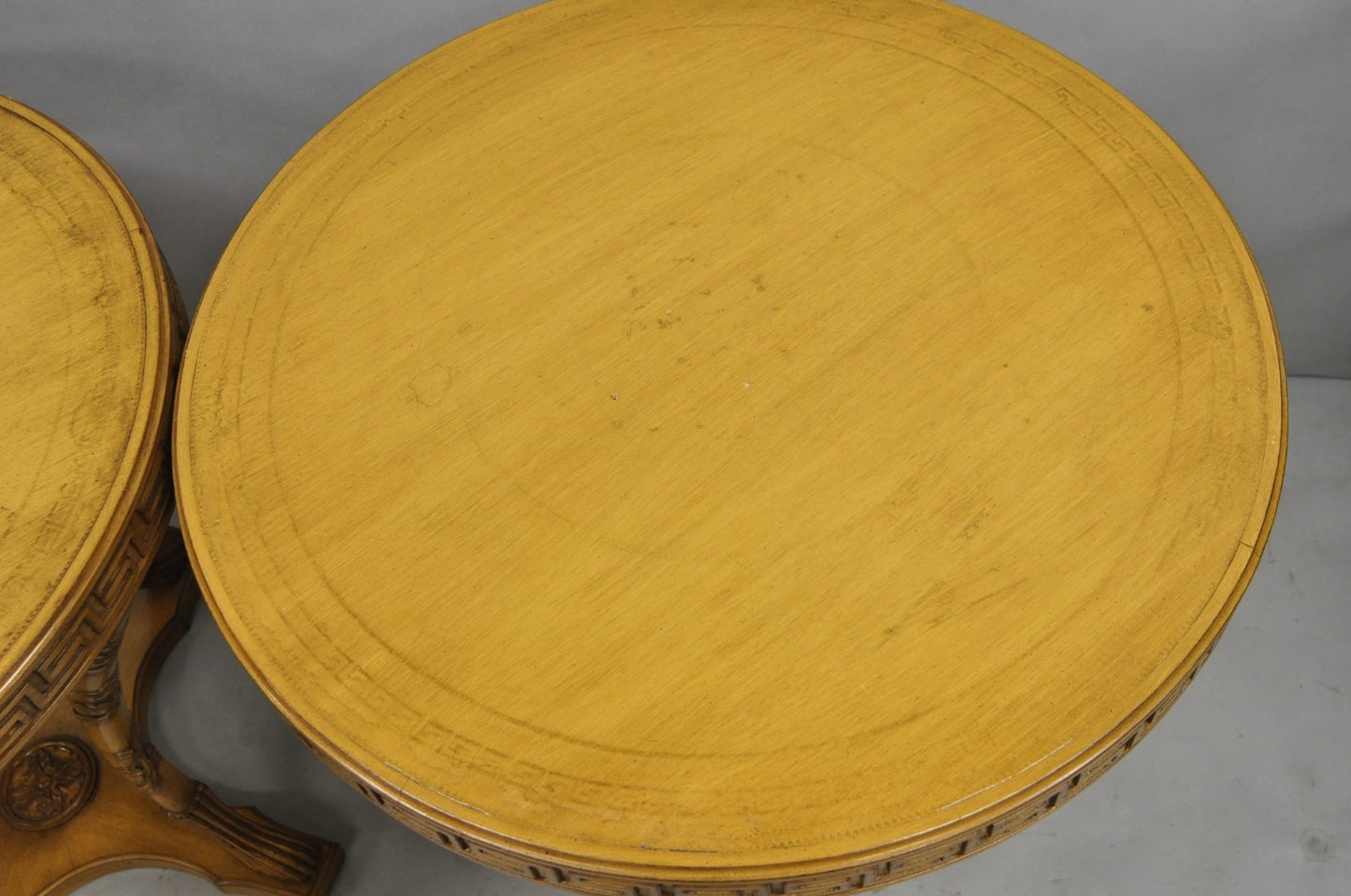 Vintage Italian Regency Round Leather Top Greek Key Carved Side Tables - a Pair