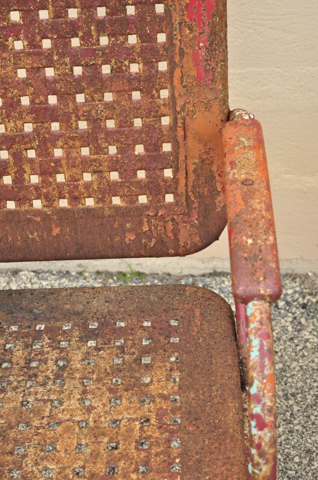 Antique Art Deco Basketweave Red Distress Paint Bouncer Garden Chairs - a Pair