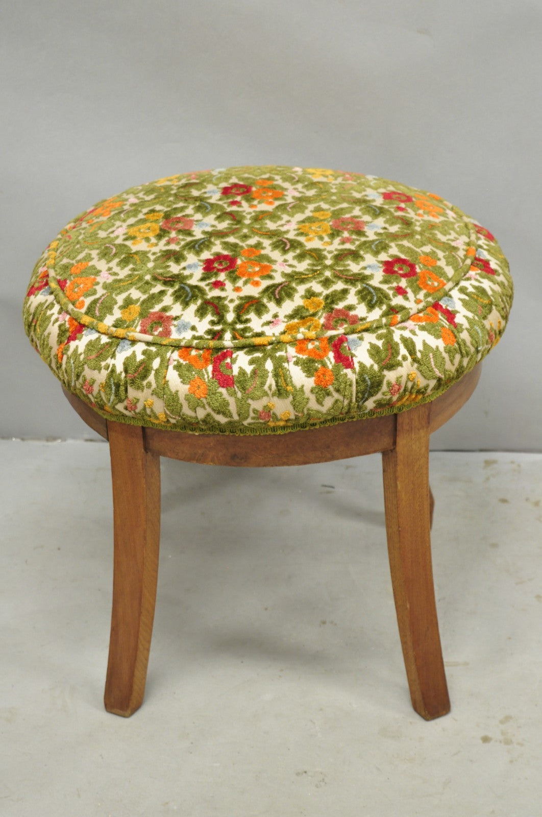 Vintage French Country Provincial Style Walnut Round Seat Vanity Bench Stool