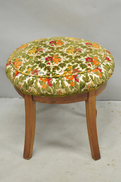 Vintage French Country Provincial Style Walnut Round Seat Vanity Bench Stool