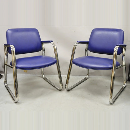 Vintage Lawsonia Stylex Mid Century Modern Blue Chrome Lounge Chairs - a Pair