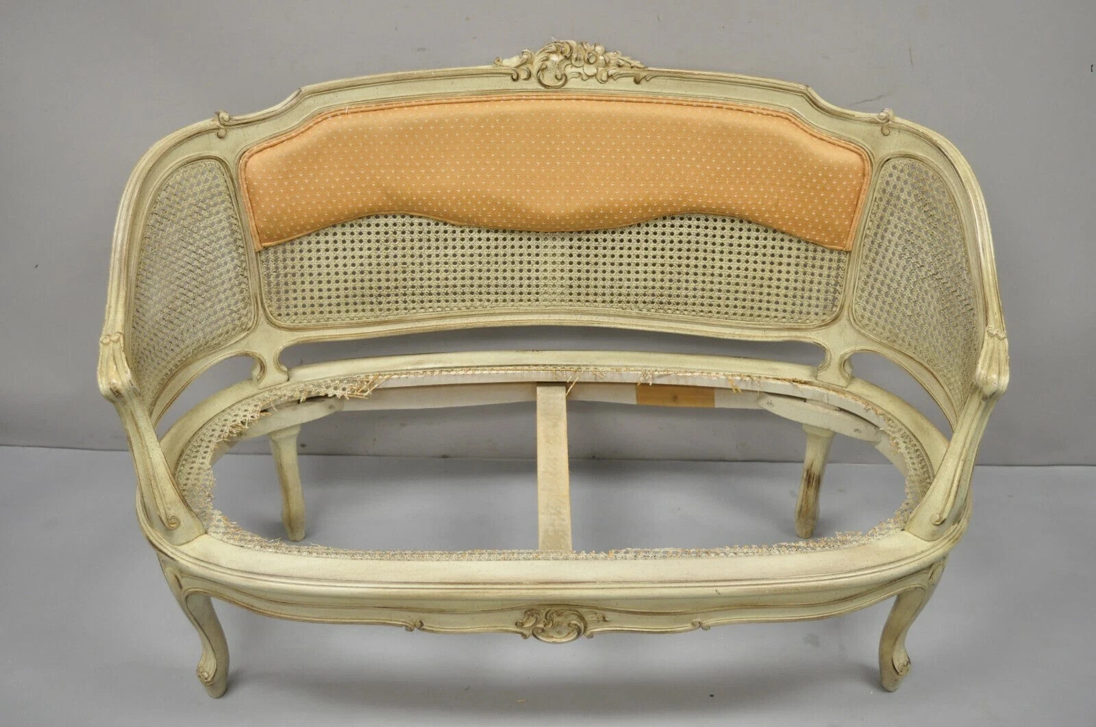 Vintage French Louis XV Victorian Style Small Cream Painted Settee Loveseat Sofa
