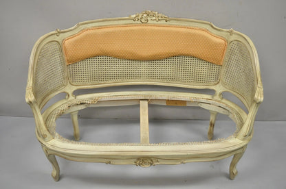 Vintage French Louis XV Victorian Style Small Cream Painted Settee Loveseat Sofa