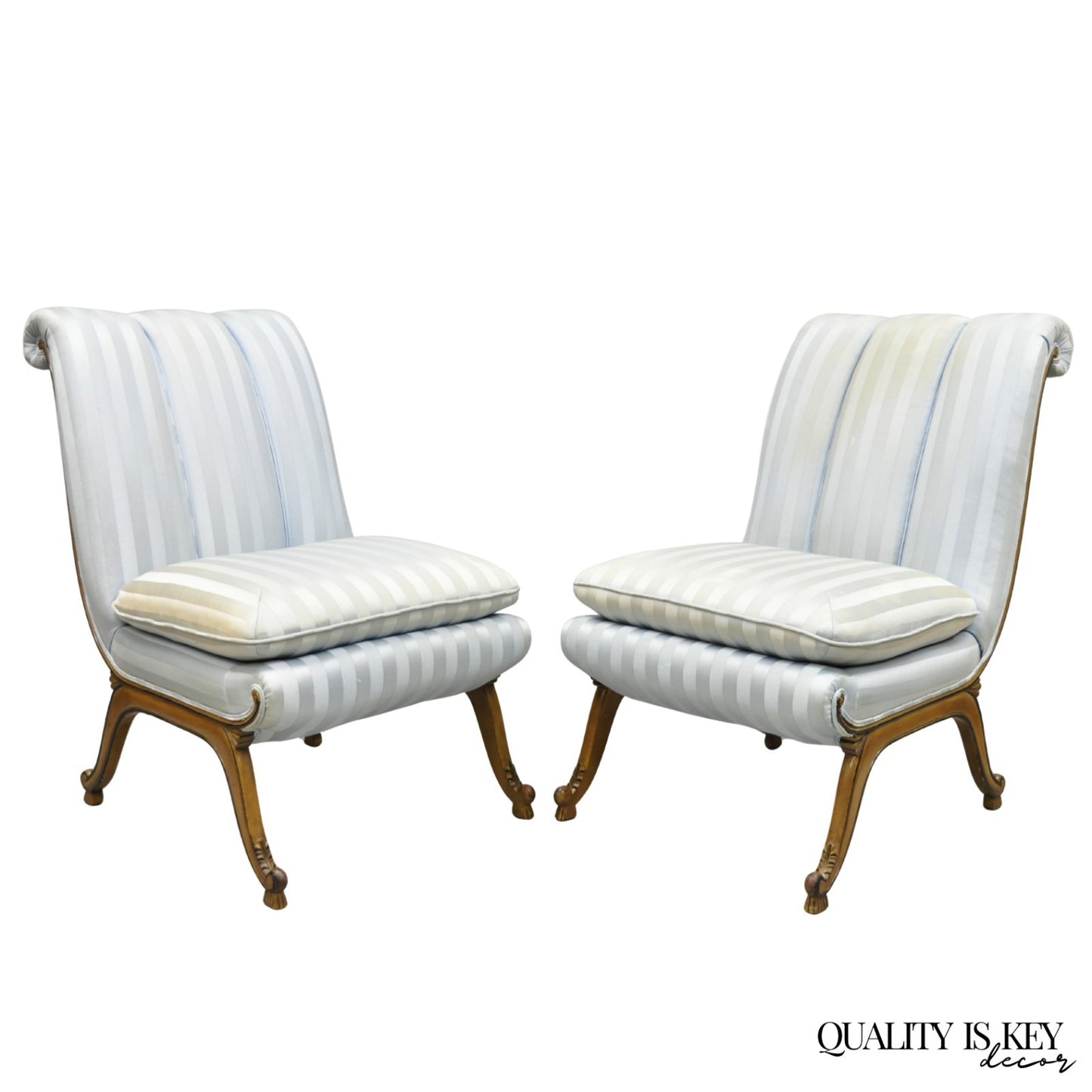 French Hollywood Regency Carved Walnut Rolled Back Slipper Lounge Chair - a Pair