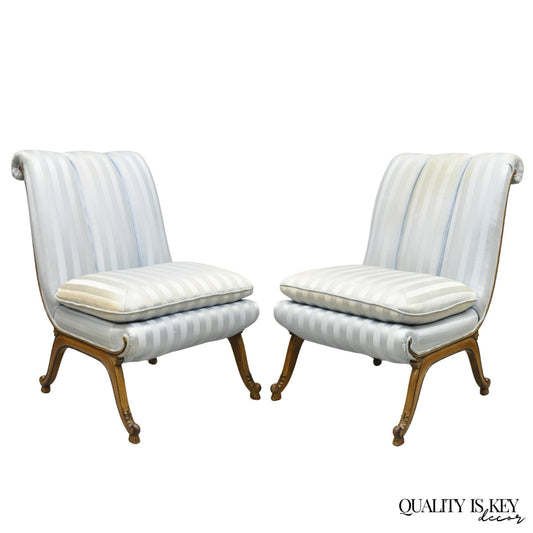 French Hollywood Regency Carved Walnut Rolled Back Slipper Lounge Chair - a Pair