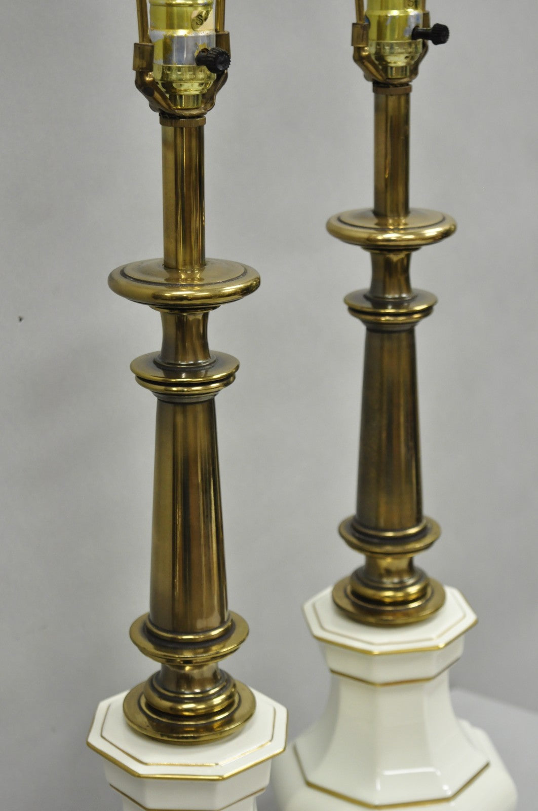 Vintage Stiffel Empire Style Burnished Brass & Porcelain Table Lamps (C) - Pair